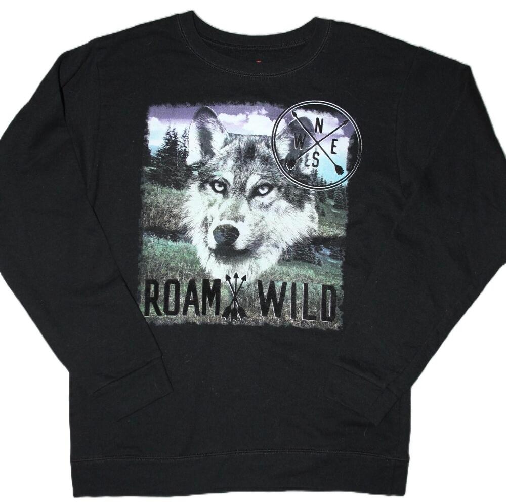 Hanes Sweatshirt Mens 2XL Black Pullover Fleece Crewneck Roam Wild Graphic